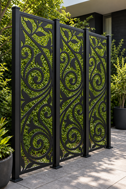 Design 204 Twin Spiral Leaves Laser Cut Metal Privacy Screen Panel oblique angle view