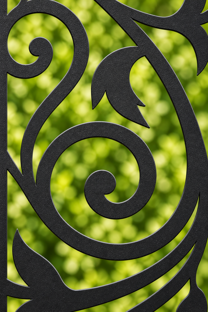 Design 204 Twin Spiral Leaves Laser Cut Metal Privacy Screen Panel close-up detail view
