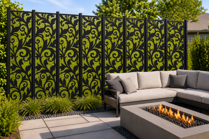 Design 205 Acanthus Vine Column Laser Cut Metal Privacy Screen Panel installed garden daylight view