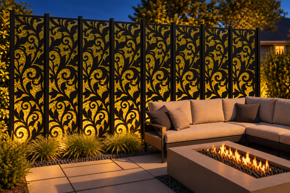 Design 205 Acanthus Vine Column Laser Cut Metal Privacy Screen Panel installed garden night lighting view