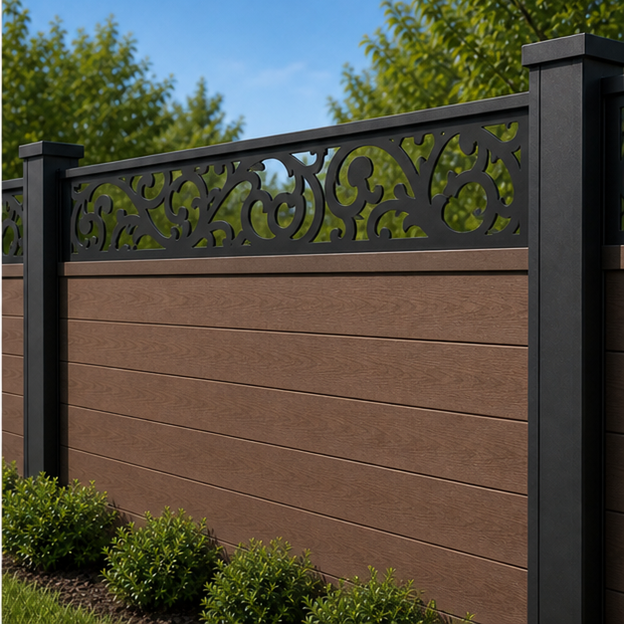 Open Leaf Scroll laser cut fence extension panel installed on composite fence, angle view, Design 205