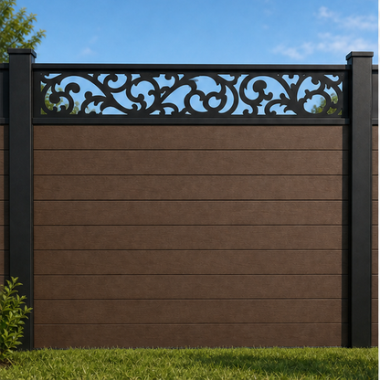 Open Leaf Scroll metal fence topper installed above WPC composite privacy fence, front view, Design 205
