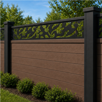 Bold Acanthus Vine laser cut fence extension panel installed on composite fence, angle view, Design 206