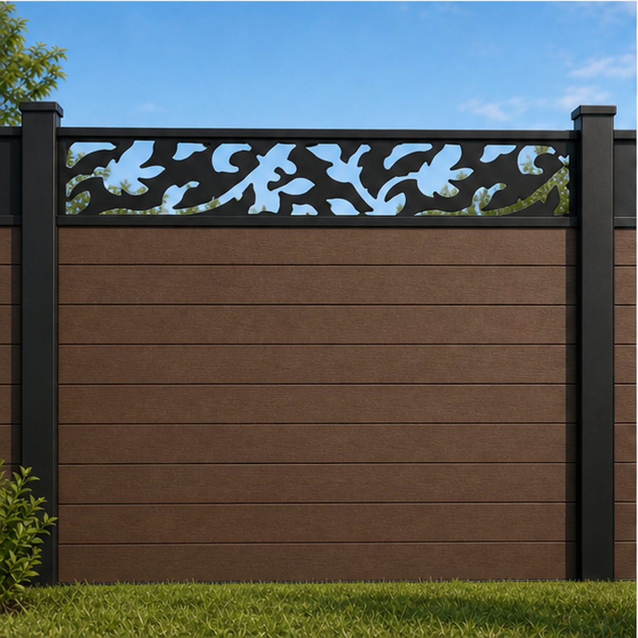 Bold Acanthus Vine metal fence topper installed above WPC composite privacy fence, front view, Design 206
