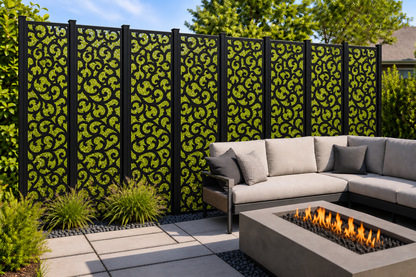 Design 206 Dense Baroque Scroll Laser Cut Metal Privacy Screen Panel installed garden daylight view