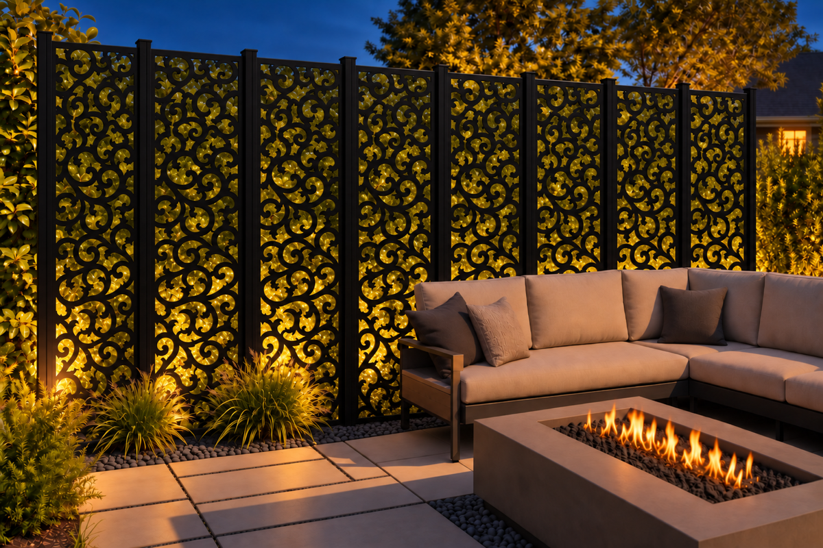 Design 206 Dense Baroque Scroll Laser Cut Metal Privacy Screen Panel installed garden night lighting view