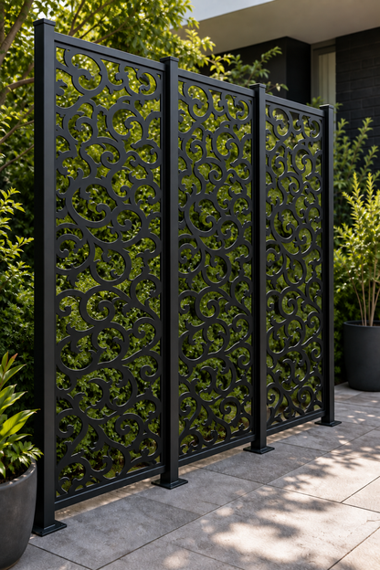 Design 206 Dense Baroque Scroll Laser Cut Metal Privacy Screen Panel oblique angle view