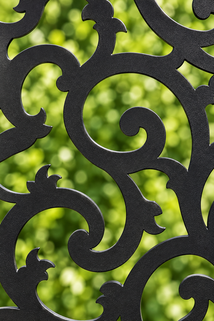 Design 206 Dense Baroque Scroll Laser Cut Metal Privacy Screen Panel close-up detail view