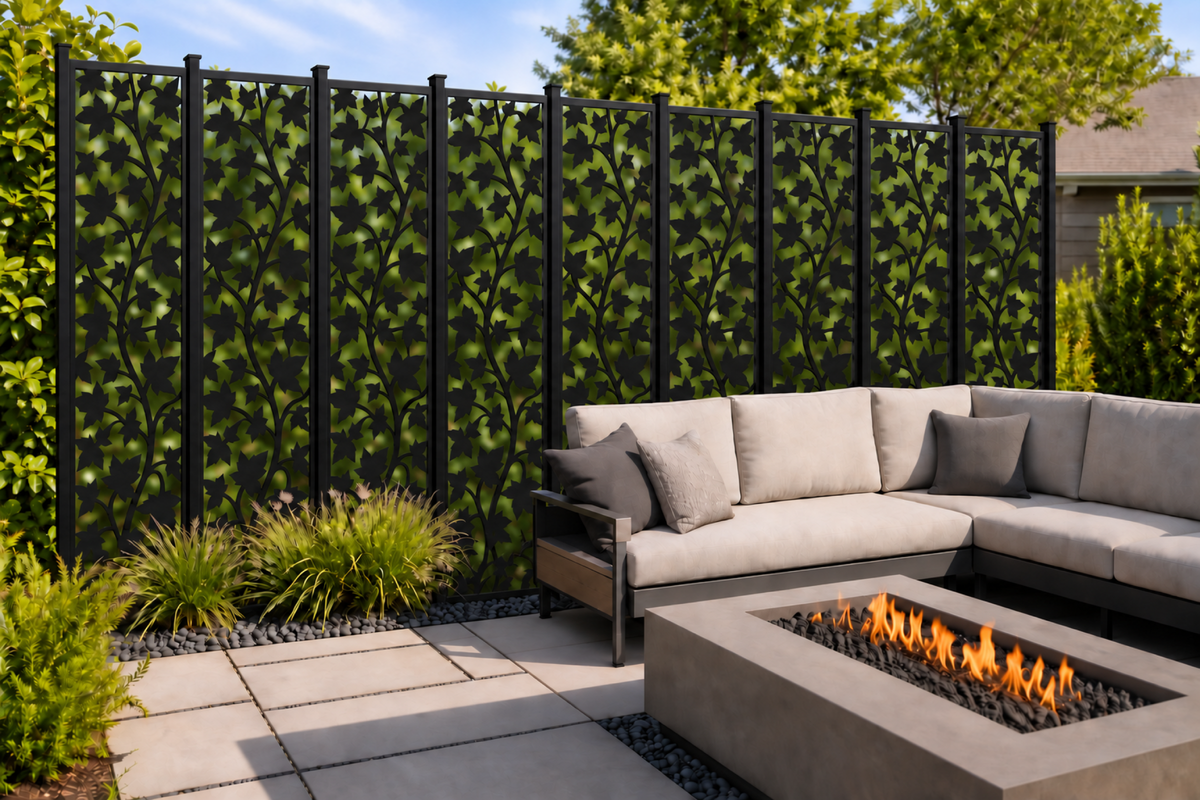 Design 207 Climbing Maple Vine Laser Cut Metal Privacy Screen Panel installed garden daylight view