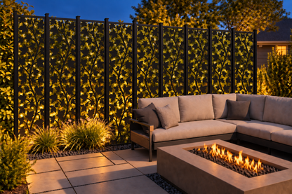 Design 207 Climbing Maple Vine Laser Cut Metal Privacy Screen Panel installed garden night lighting view