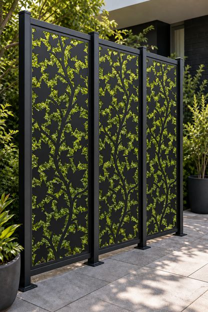 Design 207 Climbing Maple Vine Laser Cut Metal Privacy Screen Panel oblique angle view