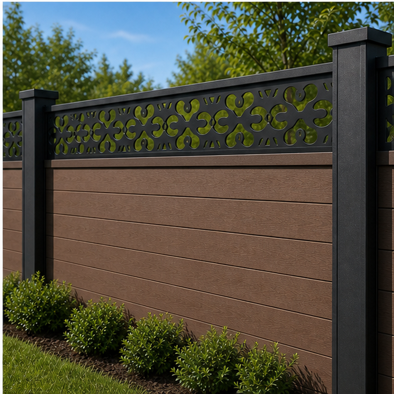 Daisy Cross Band laser cut fence extension panel installed on composite fence, angle view, Design 207