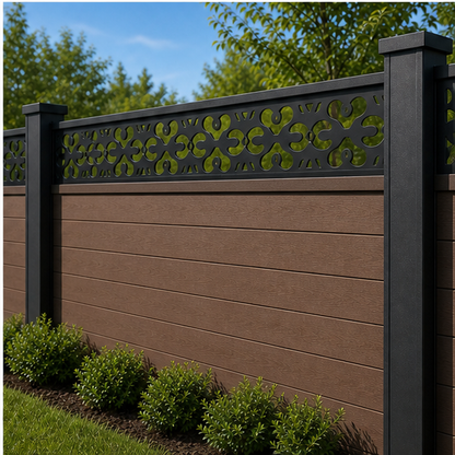 Daisy Cross Band laser cut fence extension panel installed on composite fence, angle view, Design 207