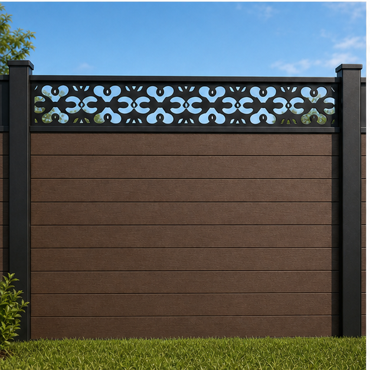 Daisy Cross Band metal fence topper installed above WPC composite privacy fence, front view, Design 207