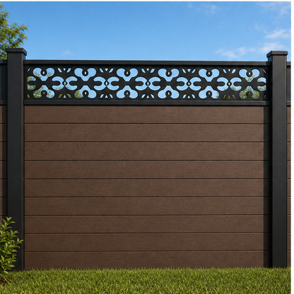 Daisy Cross Band metal fence topper installed above WPC composite privacy fence, front view, Design 207