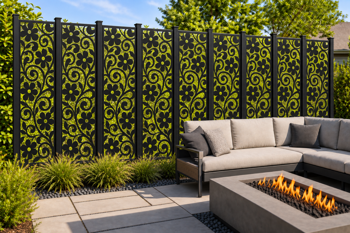 Design 208 Daisy Scroll Column Laser Cut Metal Privacy Screen Panel installed garden daylight view