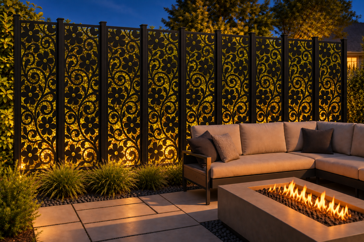 Design 208 Daisy Scroll Column Laser Cut Metal Privacy Screen Panel installed garden night lighting view