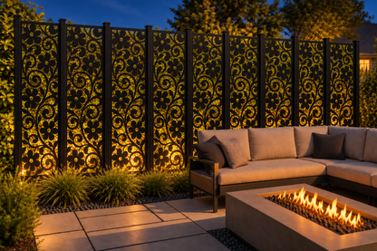 Design 208 Daisy Scroll Column Laser Cut Metal Privacy Screen Panel installed garden night lighting view