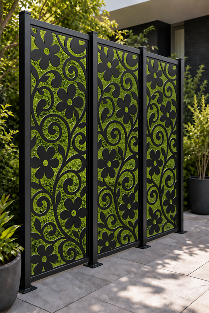 Design 208 Daisy Scroll Column Laser Cut Metal Privacy Screen Panel oblique angle view