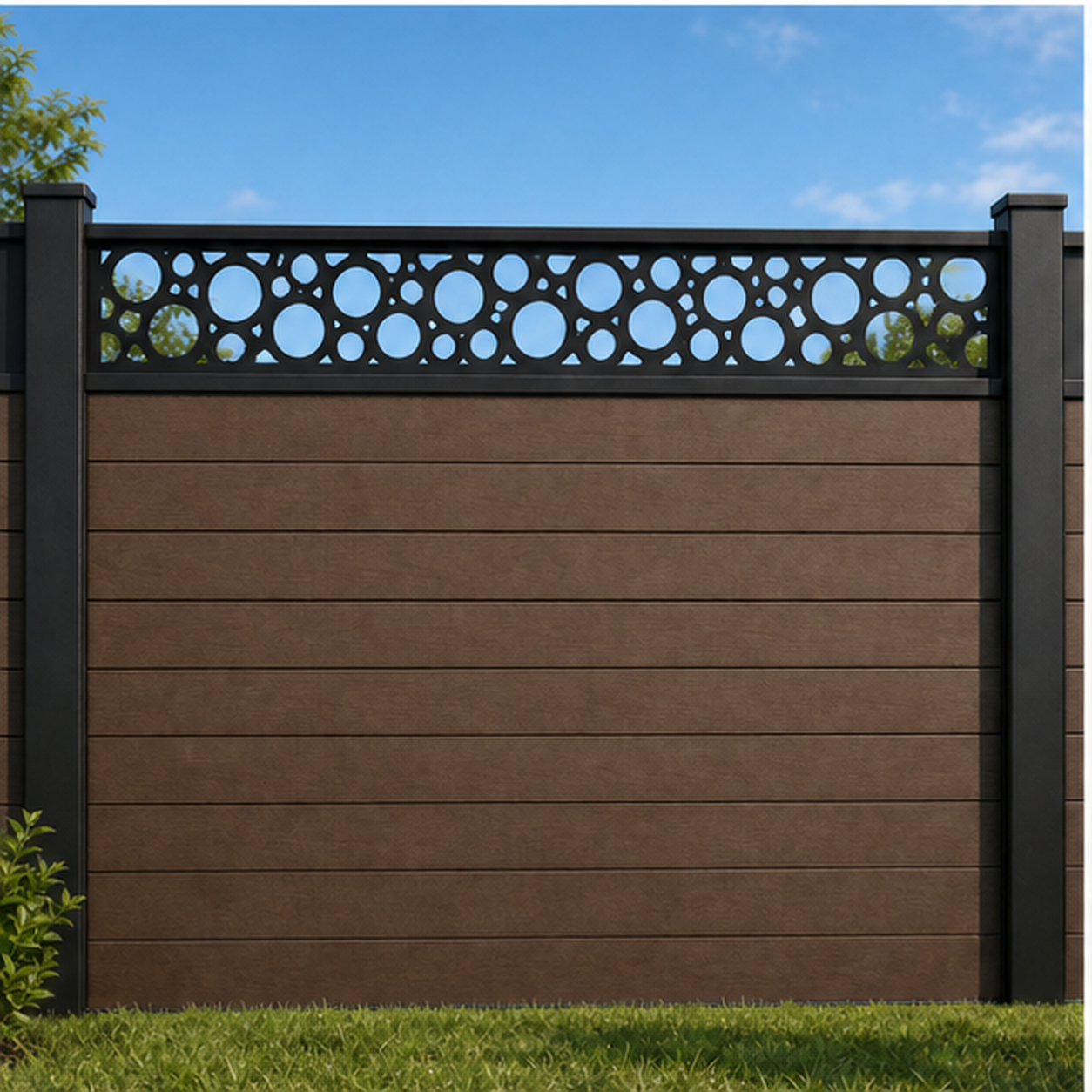 Round Flower Chain metal fence topper installed above WPC composite privacy fence, front view, Design 208