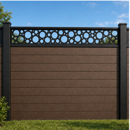 Round Flower Chain metal fence topper installed above WPC composite privacy fence, front view, Design 208