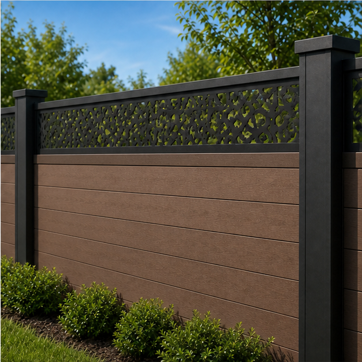Fine Cloud Privacy Lace laser cut fence extension panel installed on composite fence, angle view, Design 209