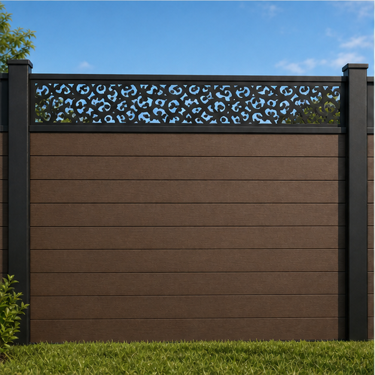 Fine Cloud Privacy Lace metal fence topper installed above WPC composite privacy fence, front view, Design 209