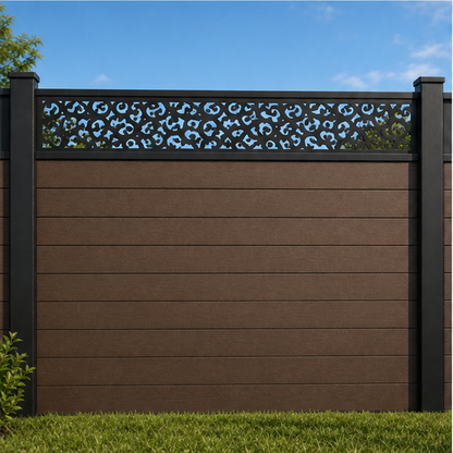 Fine Cloud Privacy Lace metal fence topper installed above WPC composite privacy fence, front view, Design 209