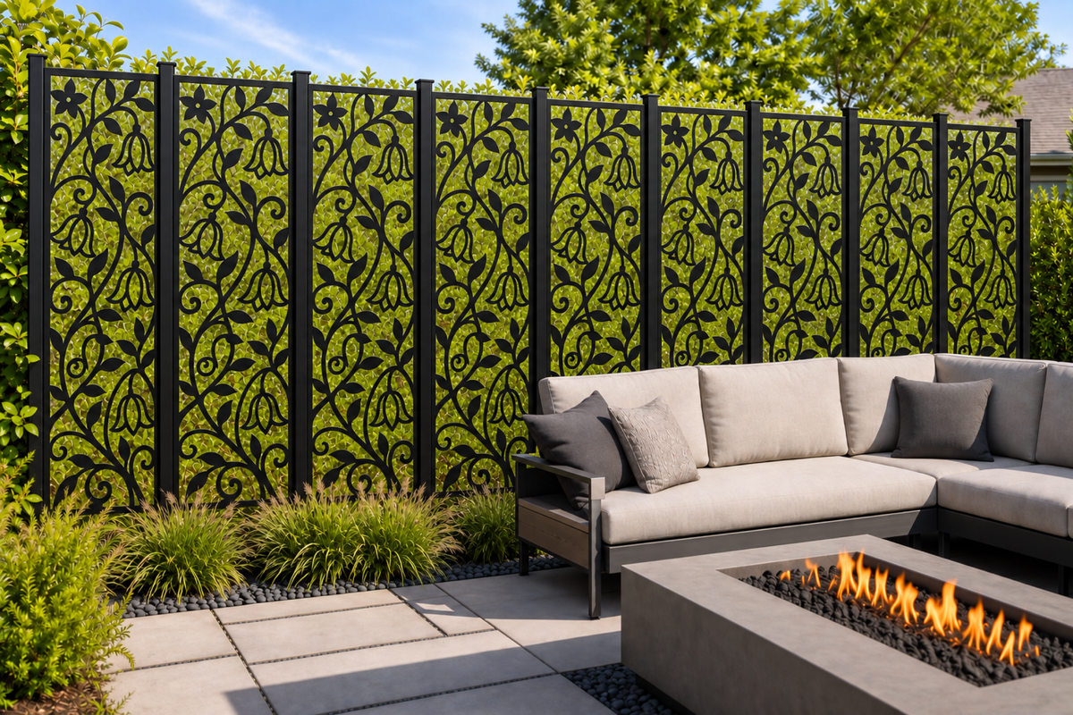 Design 209 Hanging Bellflower Vine Laser Cut Metal Privacy Screen Panel installed garden daylight view
