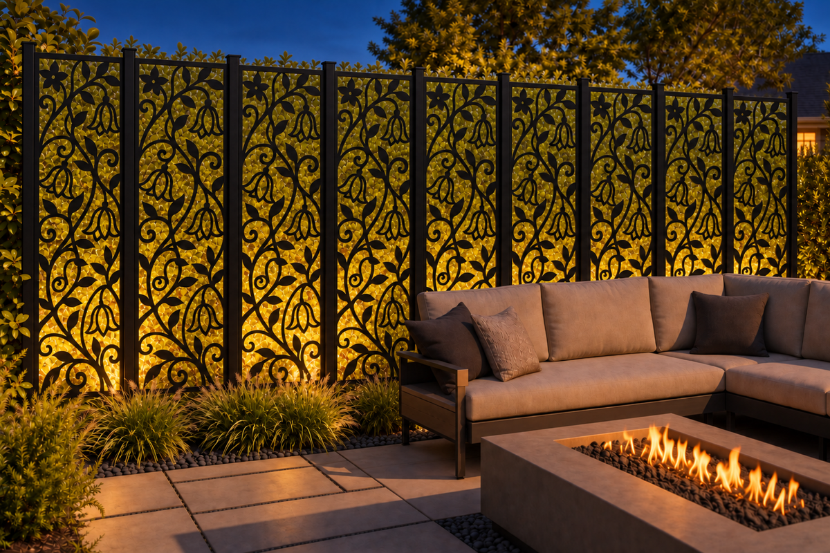 Design 209 Hanging Bellflower Vine Laser Cut Metal Privacy Screen Panel installed garden night lighting view