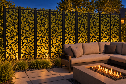 Design 209 Hanging Bellflower Vine Laser Cut Metal Privacy Screen Panel installed garden night lighting view
