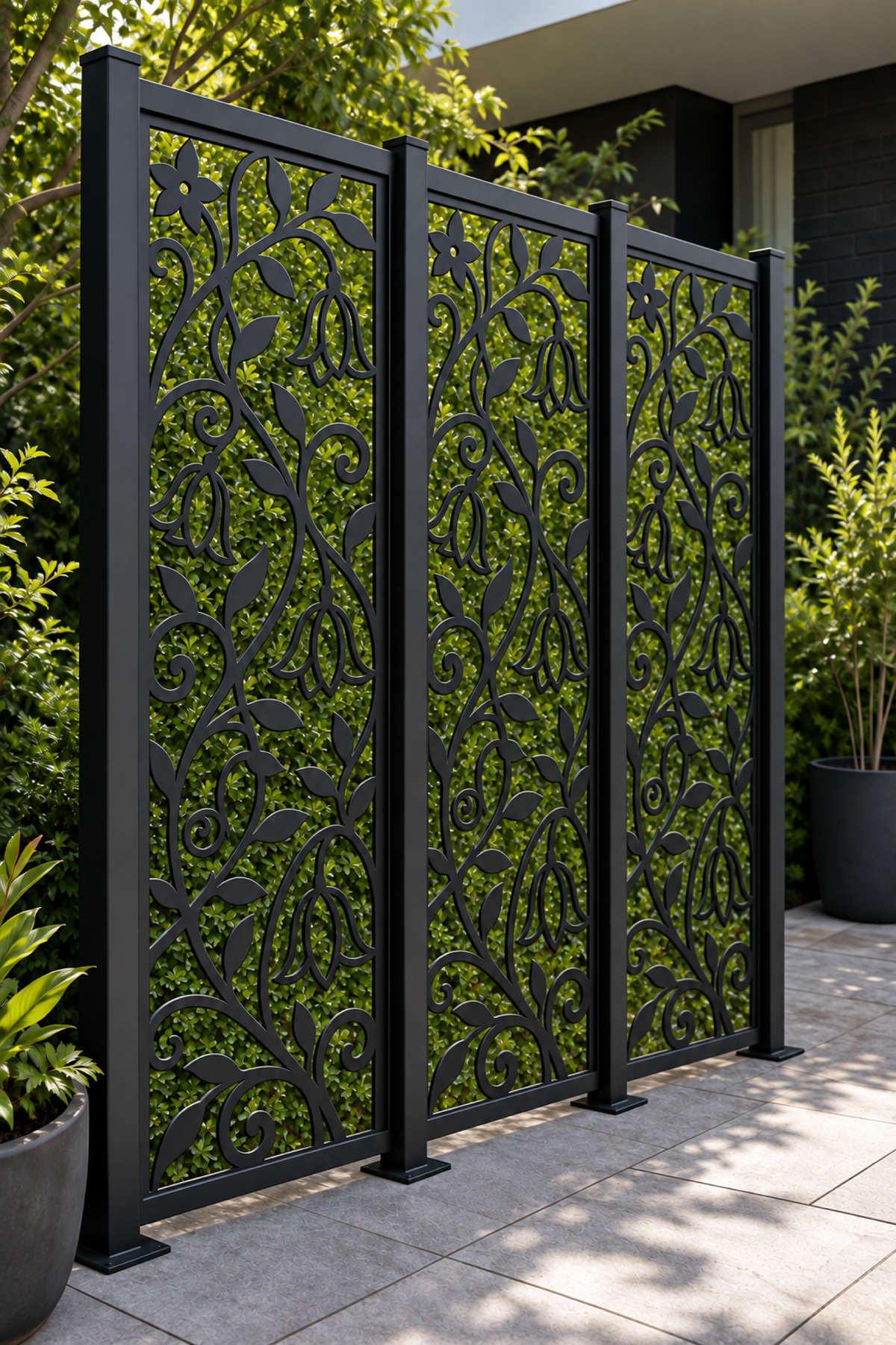 Design 209 Hanging Bellflower Vine Laser Cut Metal Privacy Screen Panel oblique angle view