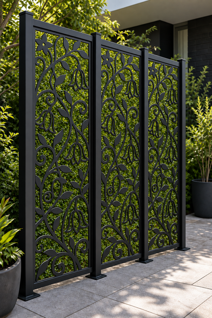 Design 209 Hanging Bellflower Vine Laser Cut Metal Privacy Screen Panel oblique angle view