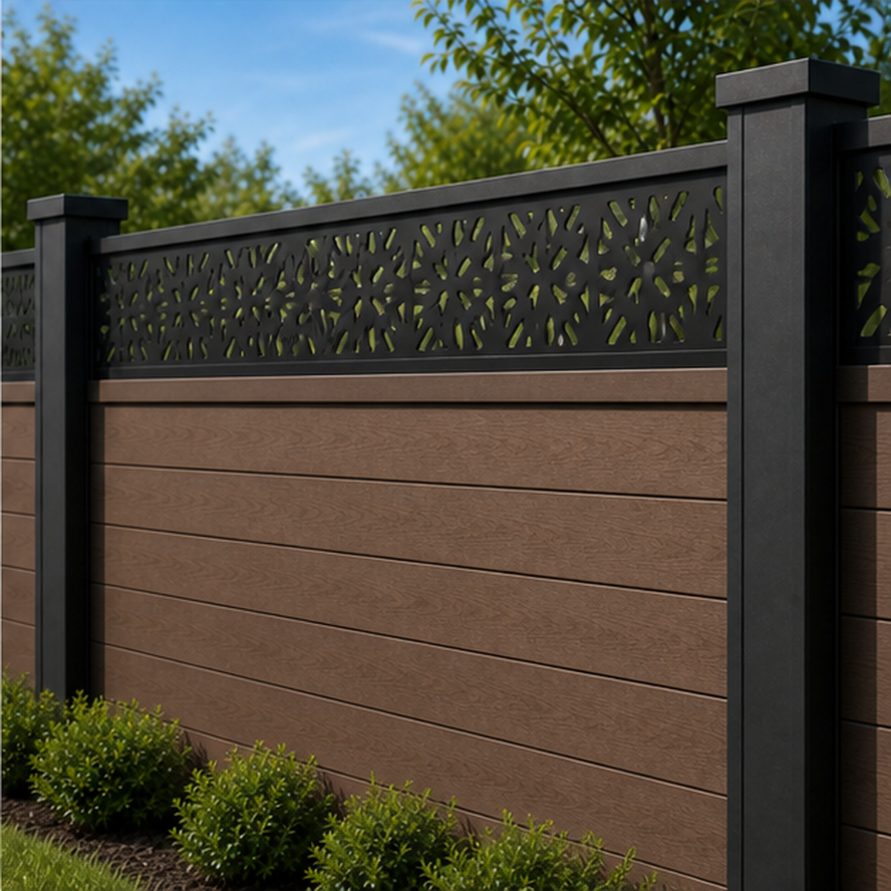 Fine Pebble Privacy Mesh laser cut fence extension panel installed on composite fence, angle view, Design 210
