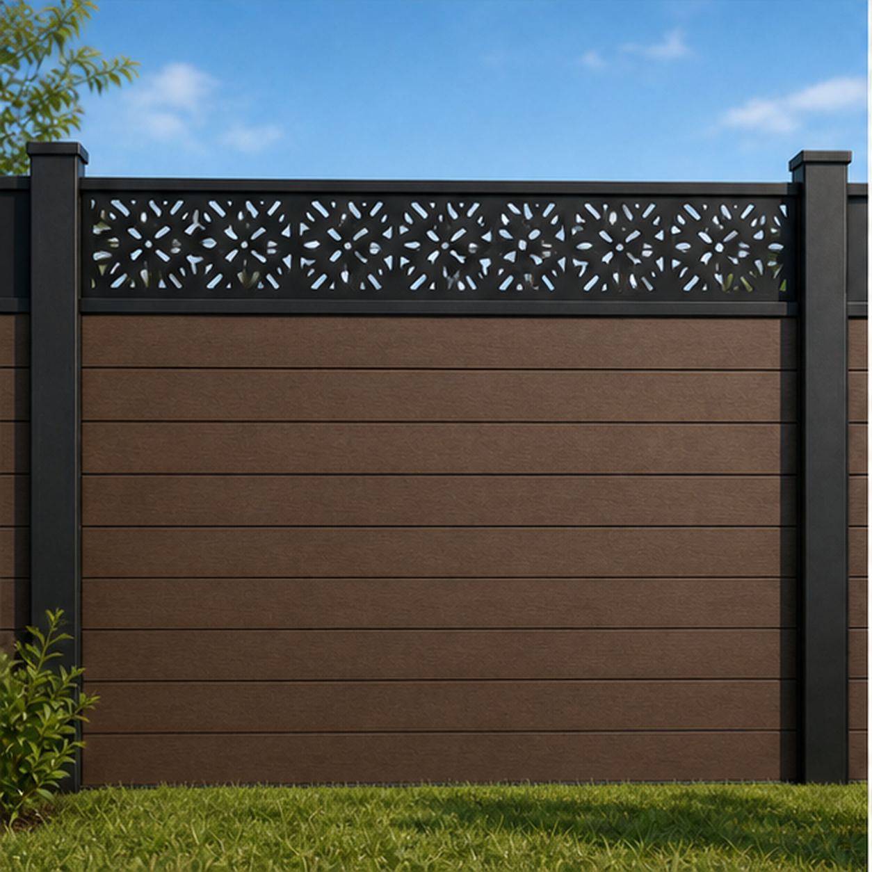 Fine Pebble Privacy Mesh metal fence topper installed above WPC composite privacy fence, front view, Design 210
