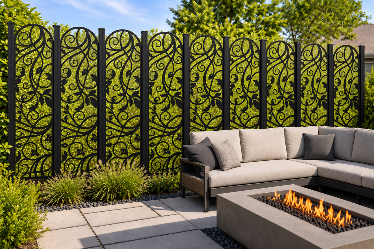 Design 210 Ribbon Leaf Arch Laser Cut Metal Privacy Screen Panel installed garden daylight view