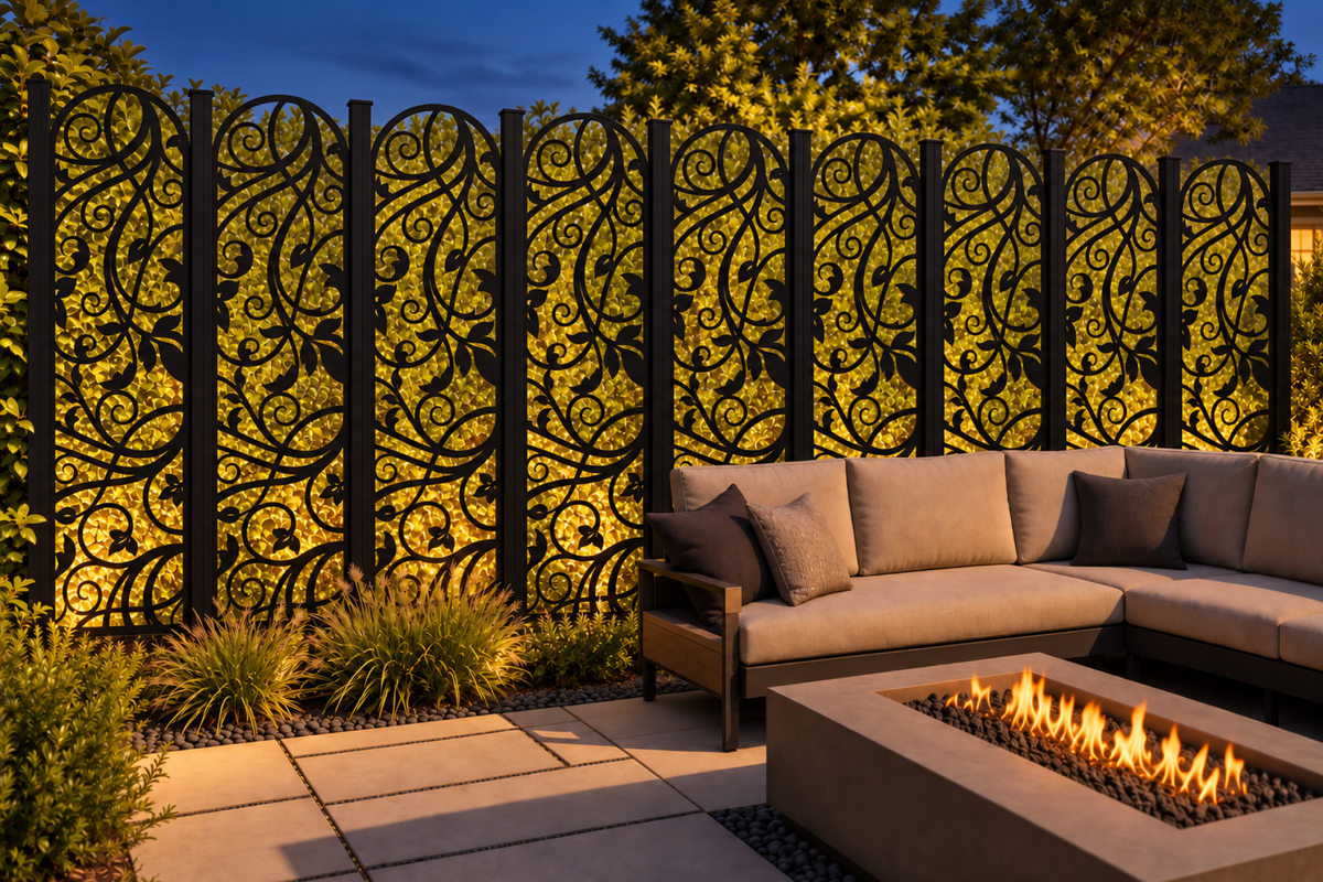 Design 210 Ribbon Leaf Arch Laser Cut Metal Privacy Screen Panel installed garden night lighting view