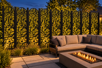 Design 210 Ribbon Leaf Arch Laser Cut Metal Privacy Screen Panel installed garden night lighting view