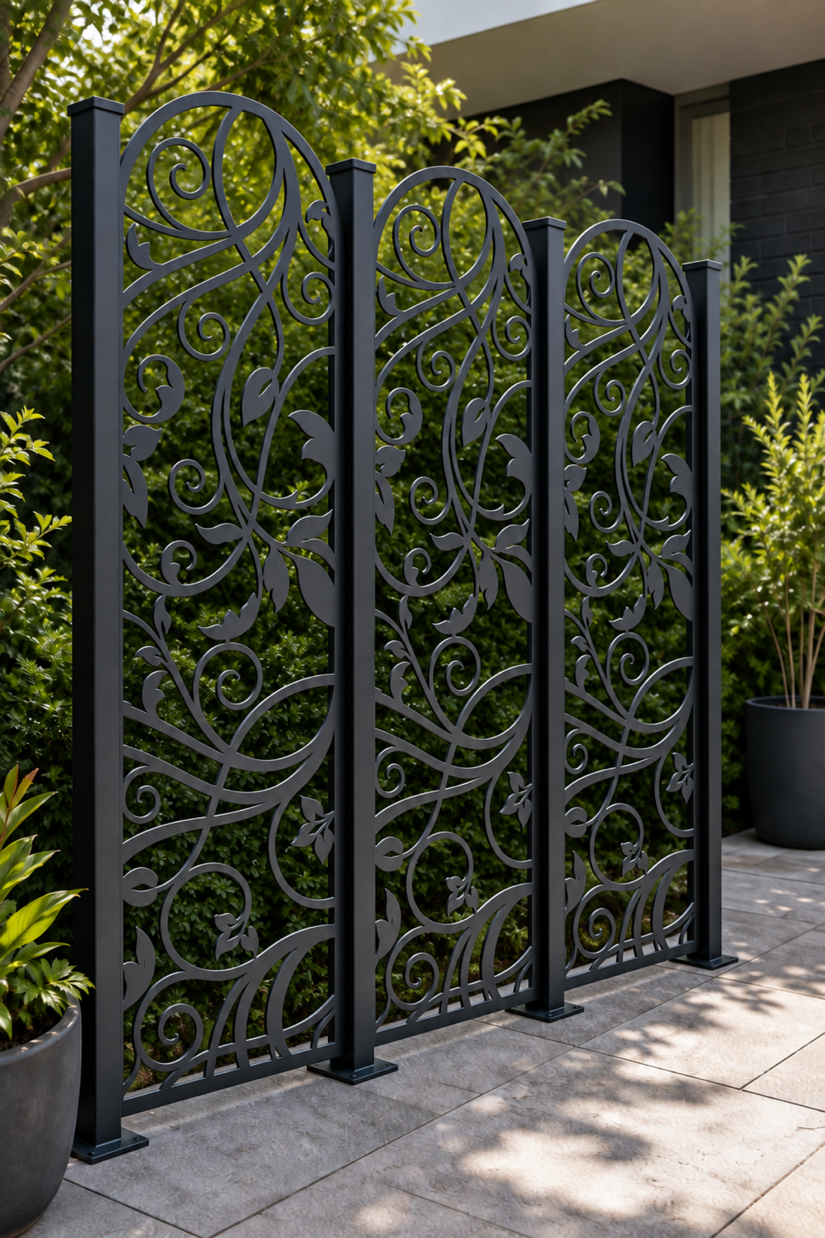 Design 210 Ribbon Leaf Arch Laser Cut Metal Privacy Screen Panel oblique angle view