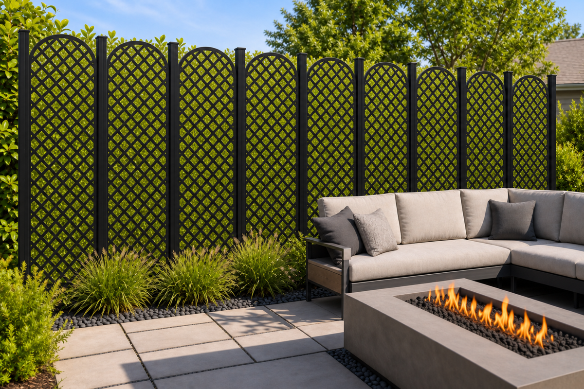 Design 211 Arched Diamond Mesh Laser Cut Metal Privacy Screen Panel installed garden daylight view