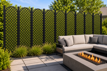 Design 211 Arched Diamond Mesh Laser Cut Metal Privacy Screen Panel installed garden daylight view