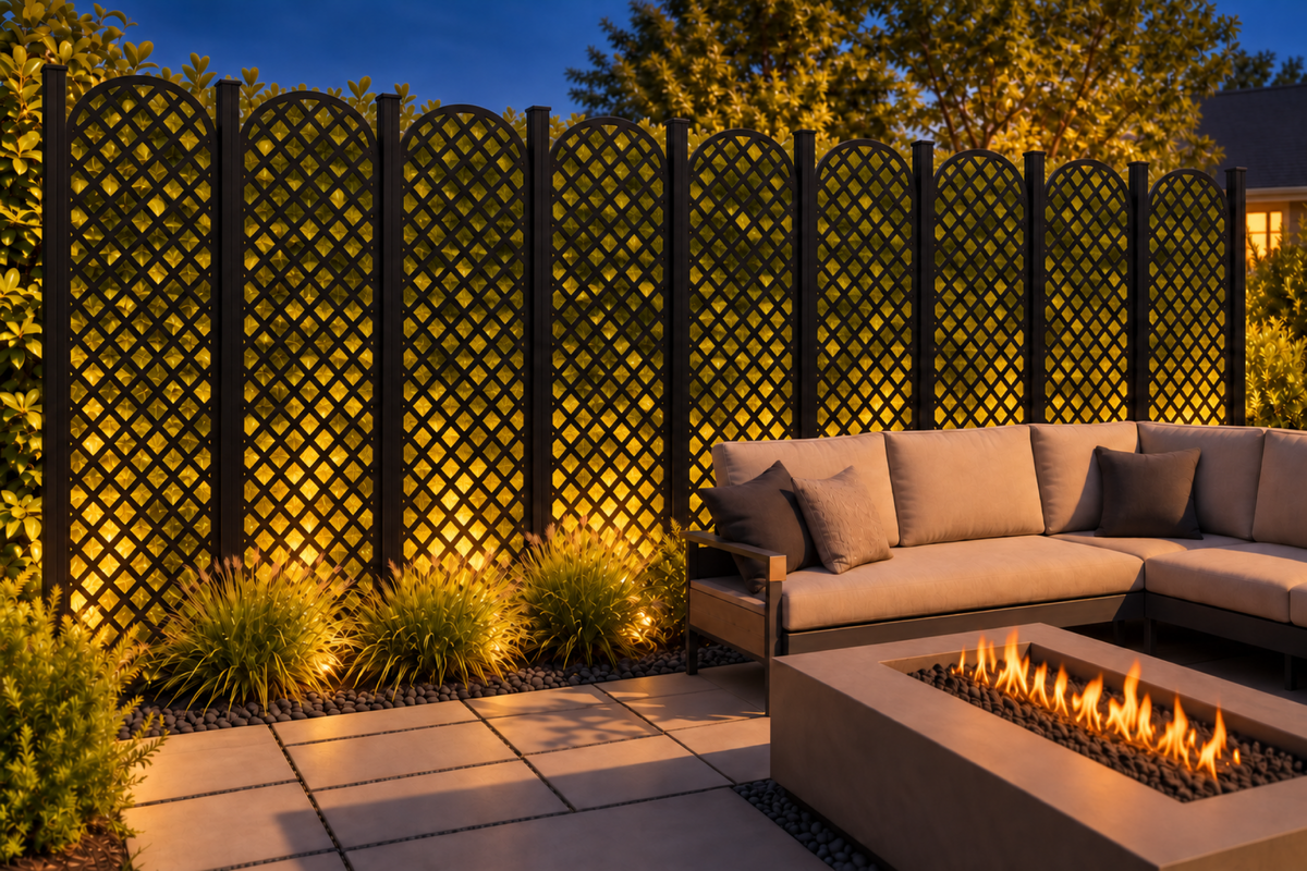 Design 211 Arched Diamond Mesh Laser Cut Metal Privacy Screen Panel installed garden night lighting view