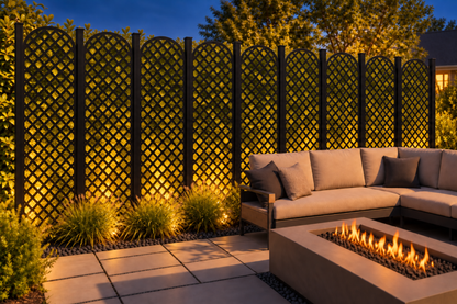 Design 211 Arched Diamond Mesh Laser Cut Metal Privacy Screen Panel installed garden night lighting view