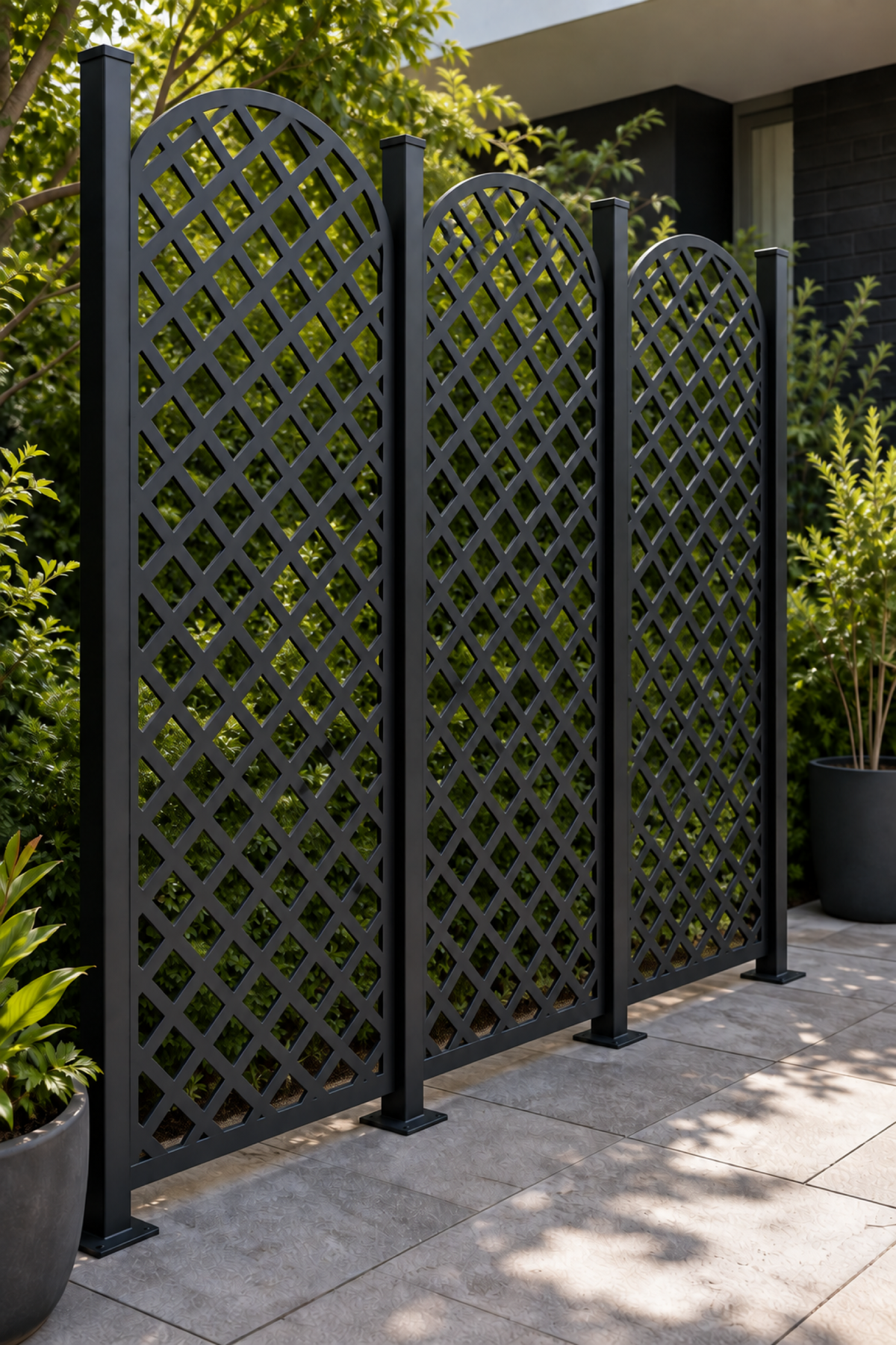 Design 211 Arched Diamond Mesh Laser Cut Metal Privacy Screen Panel oblique angle view