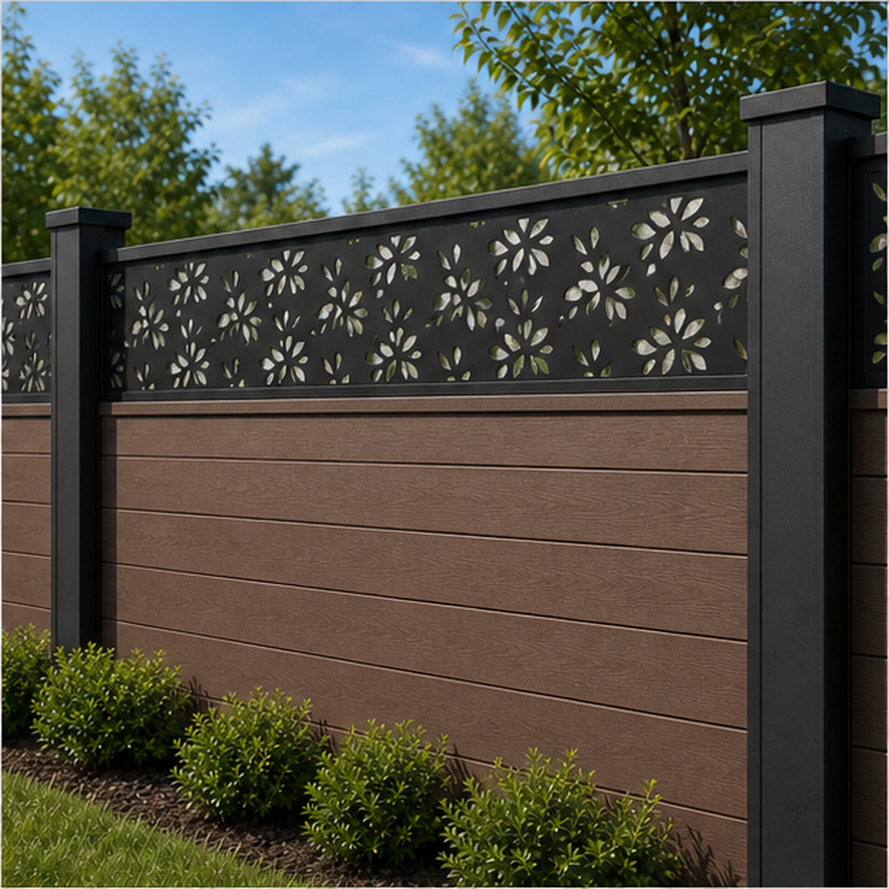 Small Blossom Scatter laser cut fence extension panel installed on composite fence, angle view, Design 211