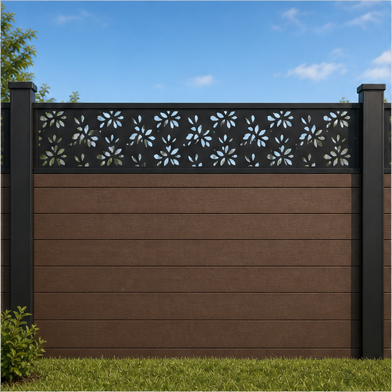 Small Blossom Scatter metal fence topper installed above WPC composite privacy fence, front view, Design 211
