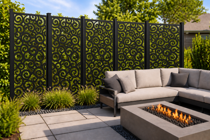 Design 212 Spiral Cloud Field Laser Cut Metal Privacy Screen Panel installed garden daylight view
