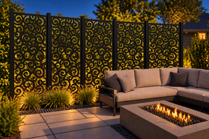 Design 212 Spiral Cloud Field Laser Cut Metal Privacy Screen Panel installed garden night lighting view