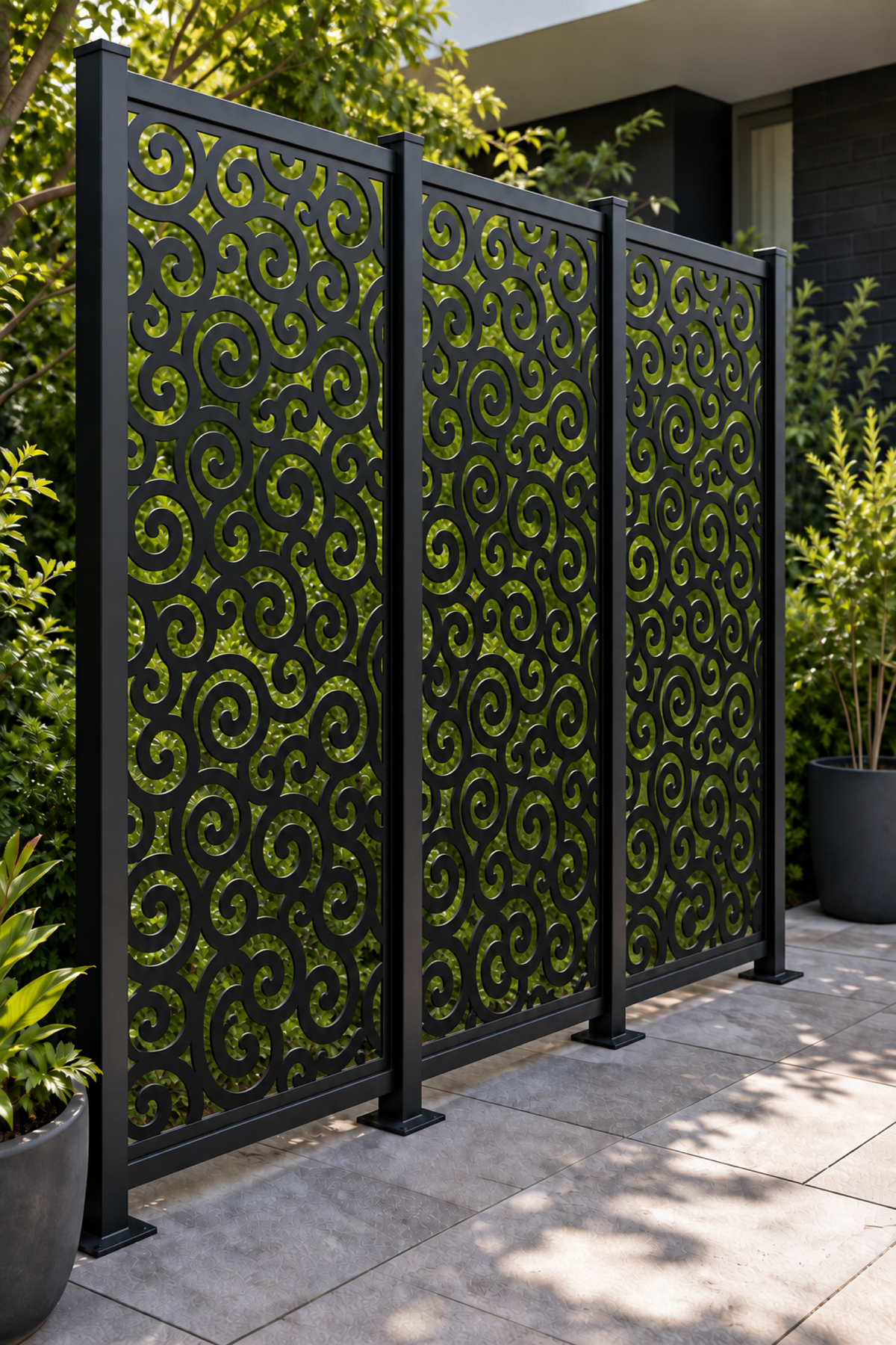 Design 212 Spiral Cloud Field Laser Cut Metal Privacy Screen Panel oblique angle view