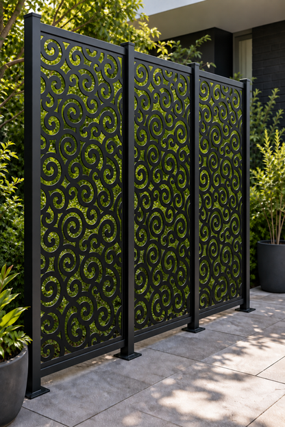 Design 212 Spiral Cloud Field Laser Cut Metal Privacy Screen Panel oblique angle view